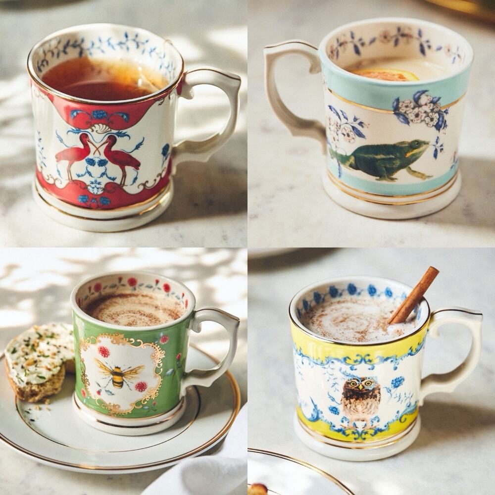 Anthropologie Rota Lou Mug Set of 4 Owl Frog Brids Bee